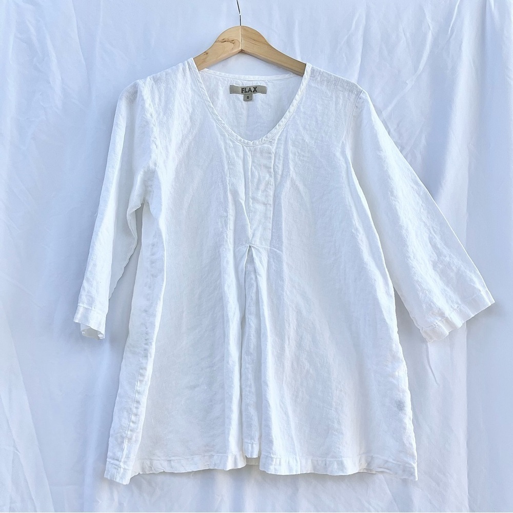 FLAX | WHITE LINEN TUNIC TOP 3/4 SLEEVE BLOUSE INVERTED PLEAT IN SMALL OVERSIZED